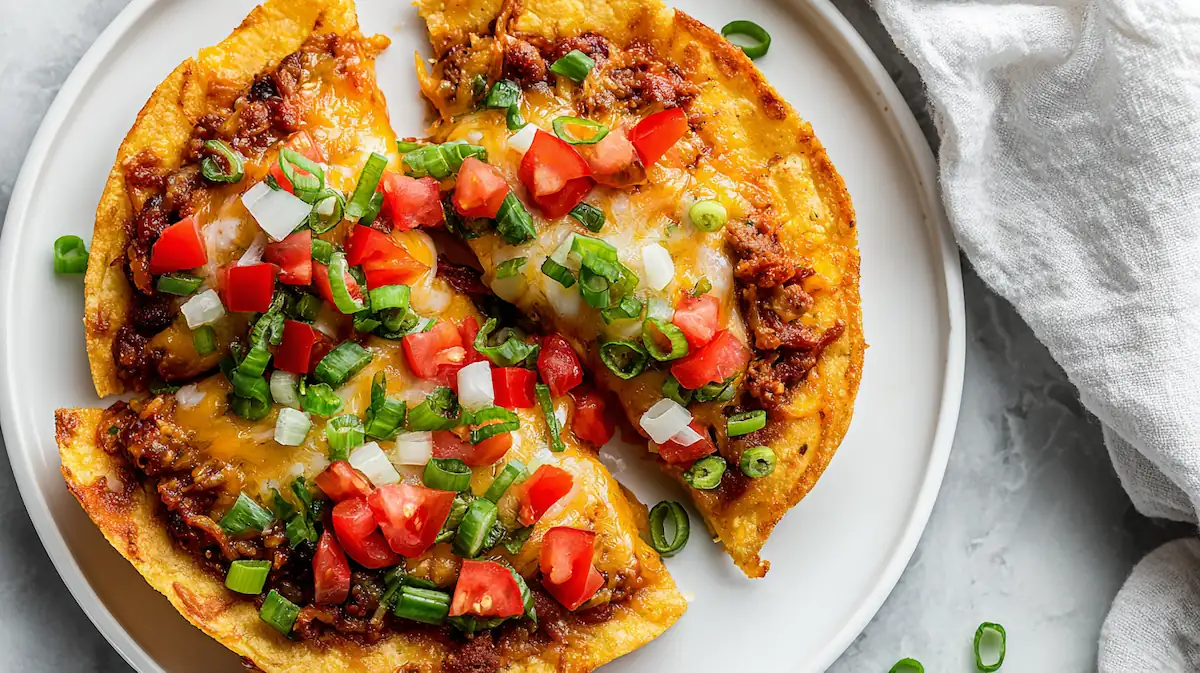 Taco Bell Mexican Pizza Recipe (Cheap, Easy & Better Than Takeout!) 1 Homemade Taco Bell Mexican Pizza on a white desk with bright lighting, topped with melted cheese, diced tomatoes, and green onions.