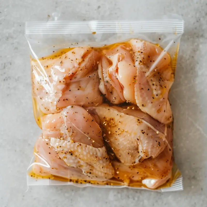 Raw chicken thighs in a labeled honey mustard marinade bag ready for the freezer