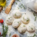 Frozen and fresh pizza dough in a student kitchen, ready to be stored or thawed for homemade pizza