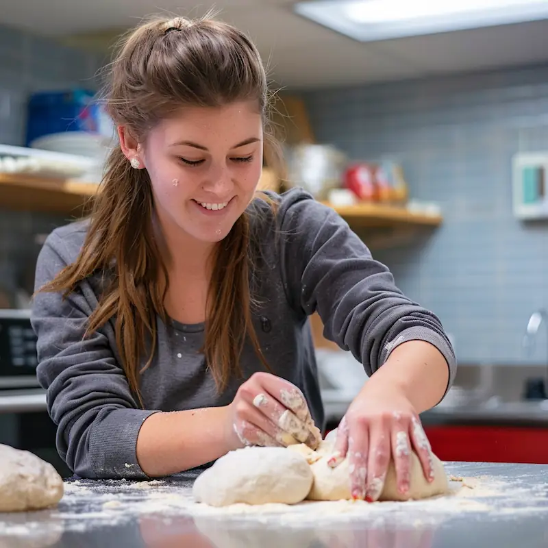 Student making freezer-friendly pizza dough with basic ingredients on a kitchen counter