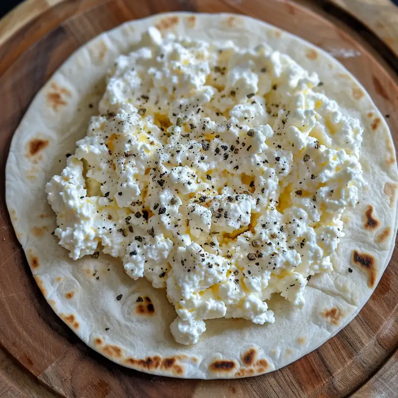 A simple tortilla spread with cottage cheese and sprinkled with seasoning, ready to roll.