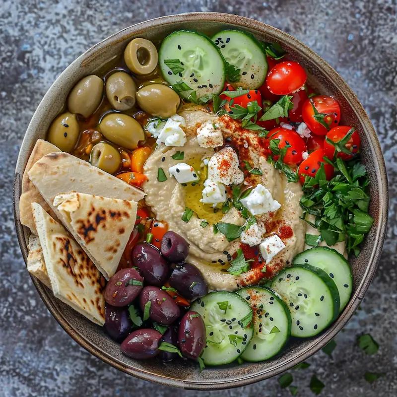 Hummus bowl with cucumbers tomatoes olives feta 1