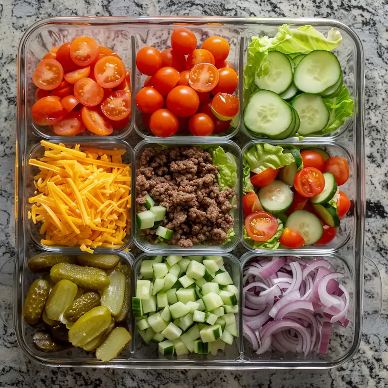 Meal prep containers filled with burger bowls—lettuce, beef, cheese, tomatoes, pickles, and sauce on the side.