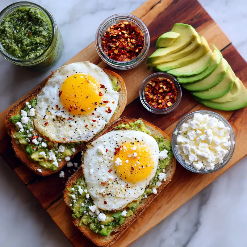 Board with bread, egg, jar of pesto, chili flakes, feta, and avocado, ready for spicy pesto egg toast.