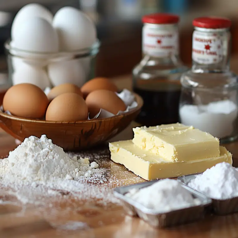 Budget ingredients for Sour Cream Pound Cake—flour, sugar, butter, sour cream, eggs, and vanilla—arranged on a dorm counter.