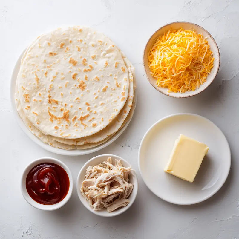 Ingredients for a quick American BBQ chicken quesadilla tortilla, cheese, chicken, BBQ sauce