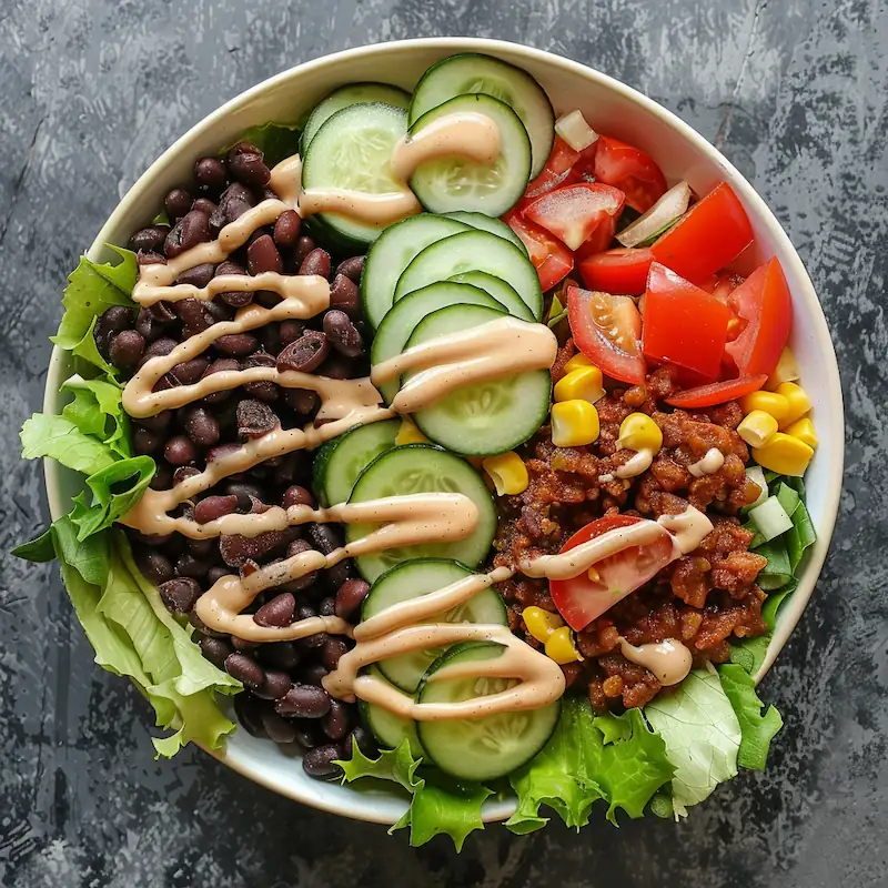 Vegetarian burger bowl with lettuce, black beans, cucumbers, tomatoes, and creamy sauce drizzle.