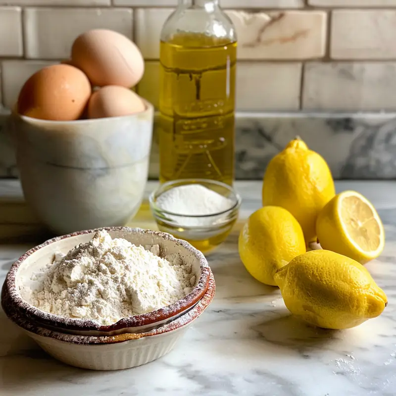 Budget ingredients for lemon yogurt Bundt cake including flour, sugar, yogurt, oil, lemons, and eggs on a dorm table
