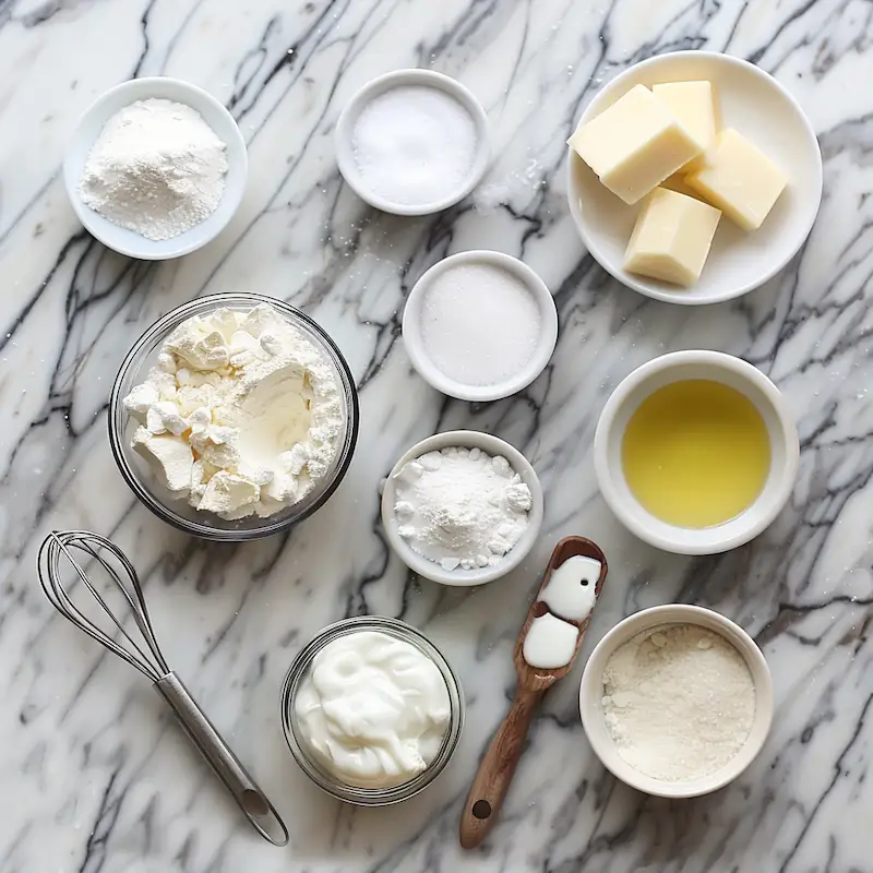 Tiny measured amounts of flour, sugar, yogurt, and oil laid out for a dorm-size cake