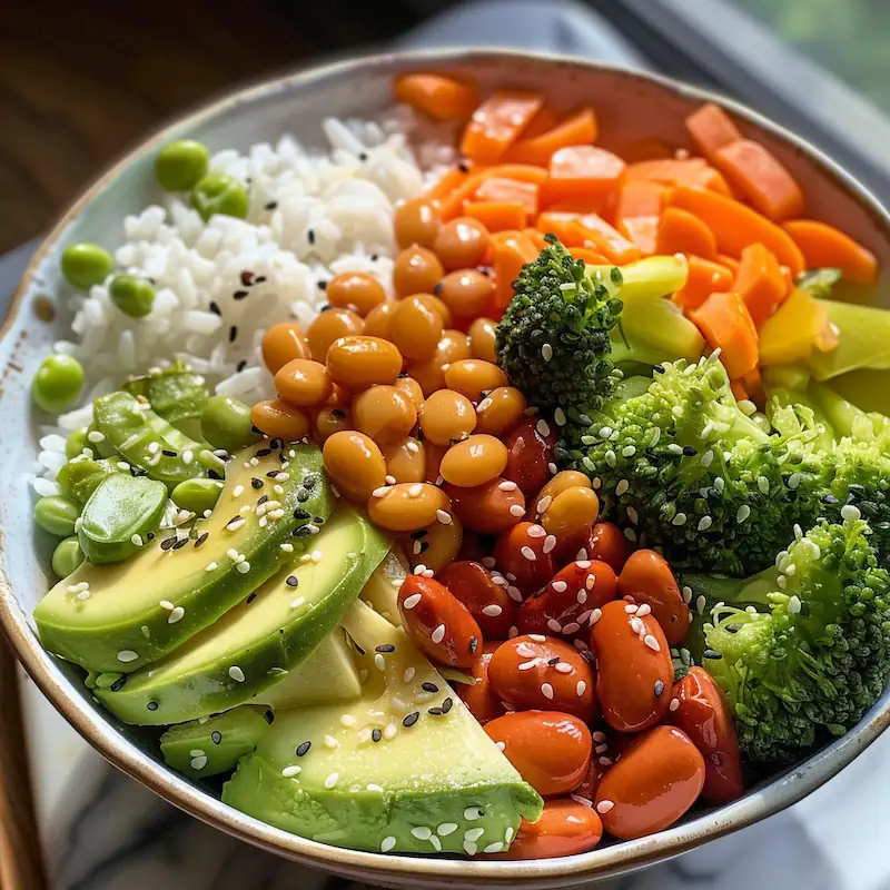easy dorm rice bowl with microwave beans and steamed vegetables