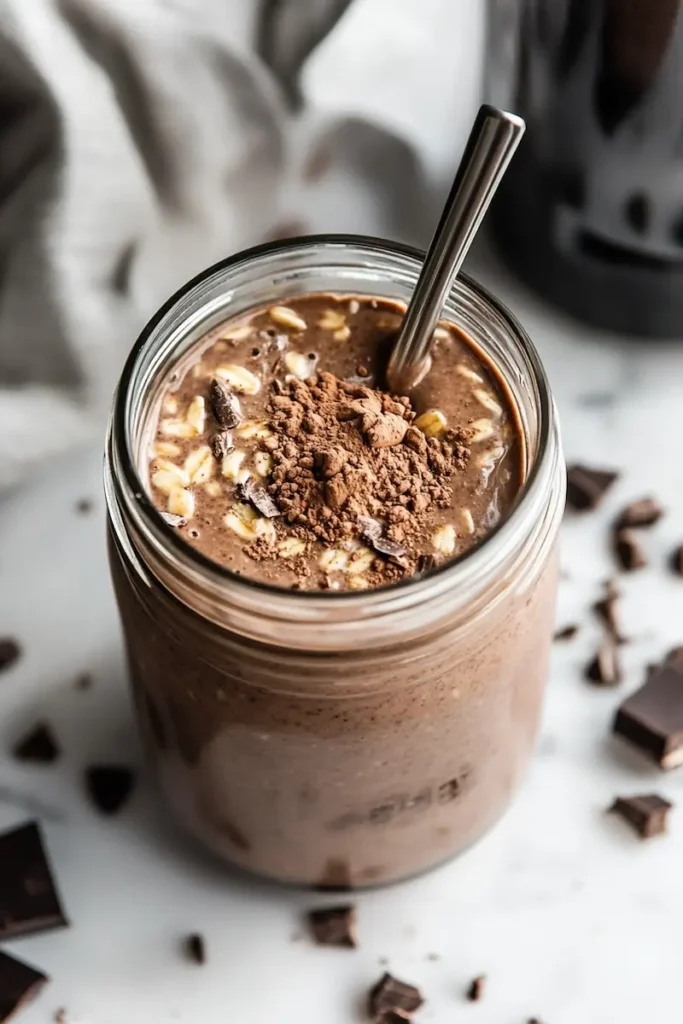 Jar of chocolate protein overnight oats with a scoop of protein powder and dorm blender bottle