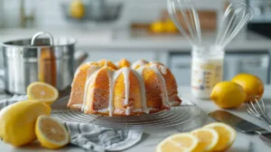 Golden lemon yogurt Bundt cake with simple glaze on a cooling rack in a student kitchen, surrounded by lemons and a yogurt cup