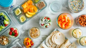 Overhead flat lay of easy dorm meal prep foods for college students, including overnight oats jars, tortilla wraps, fruit cups, and a microwave bowl near a mini fridge with snacks — bright and colorful no-cook meal prep setup.