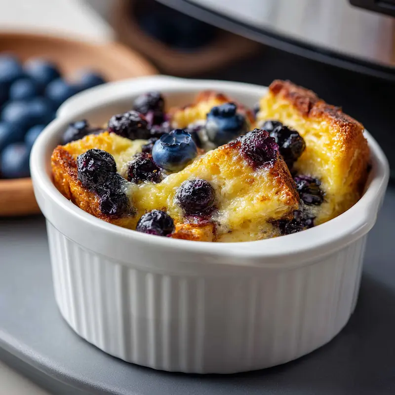 Mini oven version of Blueberry French Toast Casserole for Students with crispy golden top.