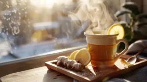Hot non alcoholic grog with lemon, honey, and ginger on a wooden tray in natural light.