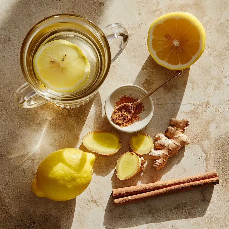 Non Alcoholic Grog Recipe – A Cozy, Healthy Drink for College Students 2 Ingredients for a non alcoholic grog recipe including lemon, honey, ginger, and cinnamon.