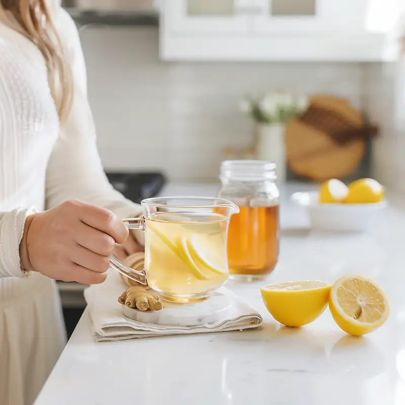 Non Alcoholic Grog Recipe – A Cozy, Healthy Drink for College Students 3 Student in a bright white kitchen holding a mug of non alcoholic grog with lemon and honey.
