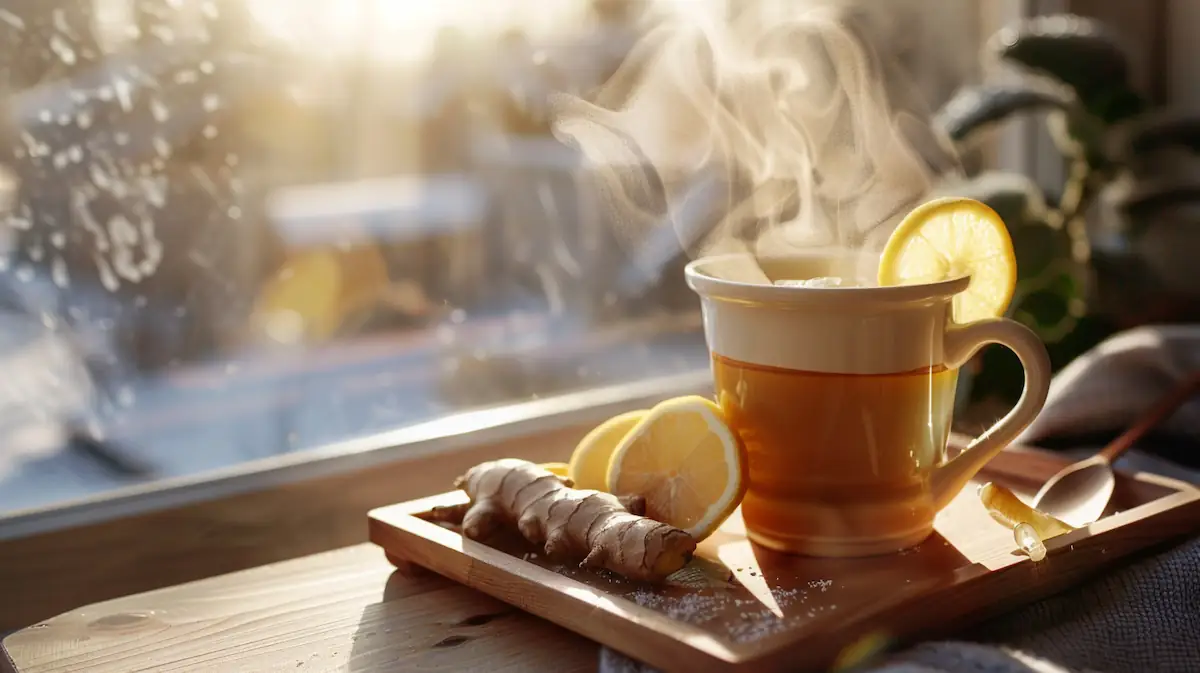 Non Alcoholic Grog Recipe – A Cozy, Healthy Drink for College Students 1 Hot non alcoholic grog with lemon, honey, and ginger on a wooden tray in natural light.