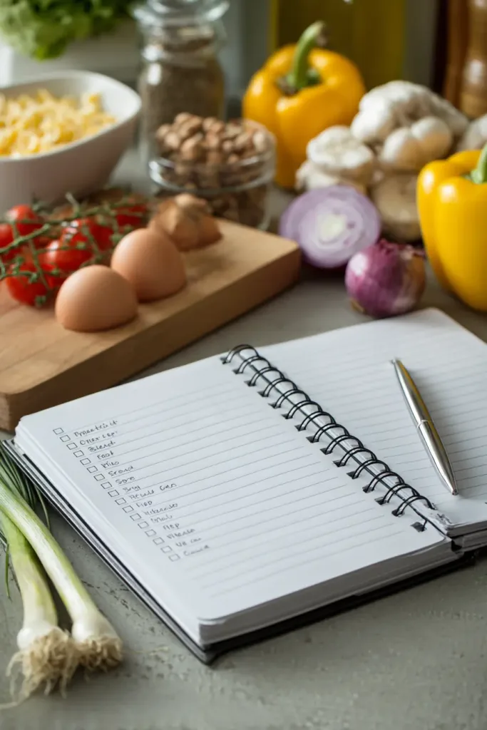 Notebook checklist reading plan, shop, prep, eat