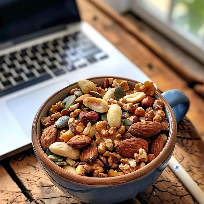 A small bowl of mixed nuts and seeds on a wooden desk beside a laptop.