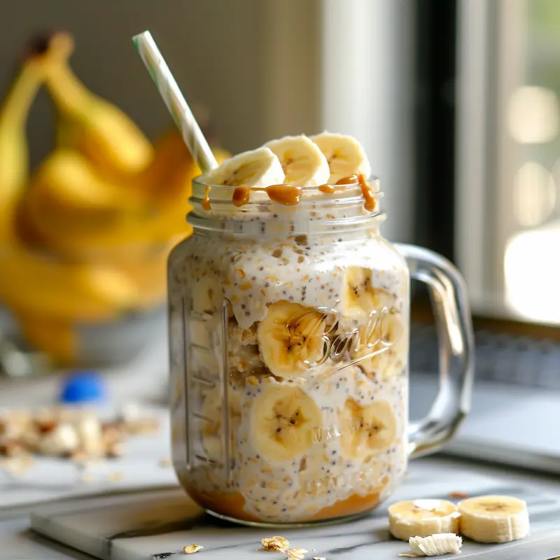A mason jar of overnight oats with banana slices and peanut butter on a dorm desk.