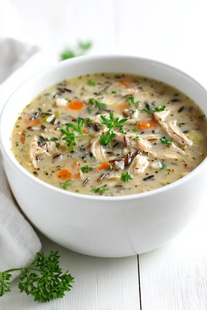 5 Cozy December Recipes Loved Across the USA (No Holiday Needed) 5 Chicken and wild rice soup in a white bowl on a white desk with bright natural light.