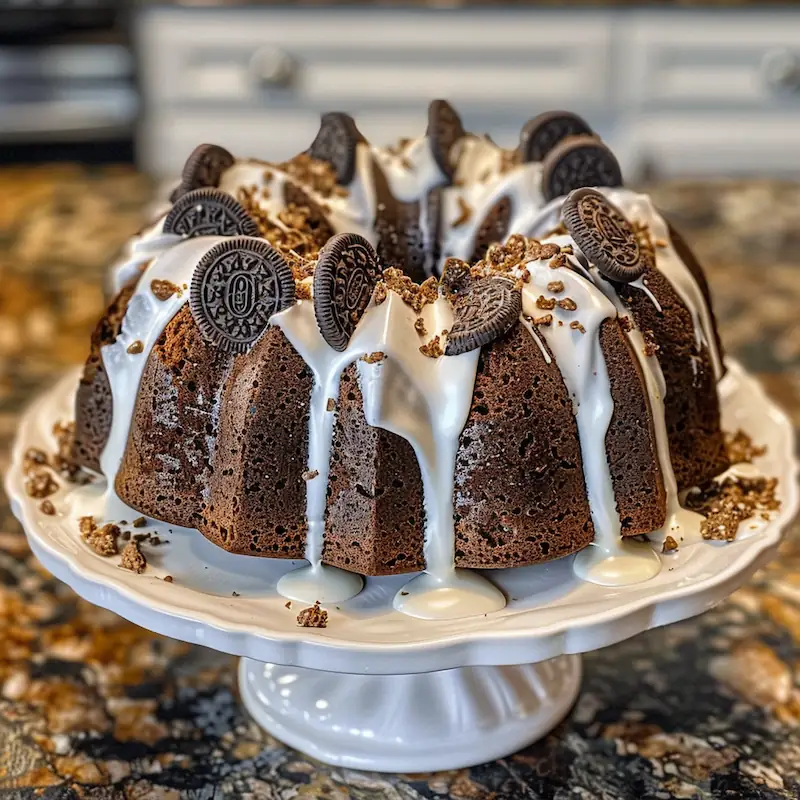 Oreo bundt cake drizzled with creamy glaze and topped with crushed cookies.