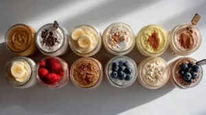 Eight jars of overnight oats in different flavors on a white desk with student essentials—budget-friendly meal prep breakfast for college.