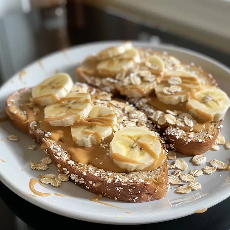 Peanut butter banana toast topped with oats on a student plate.