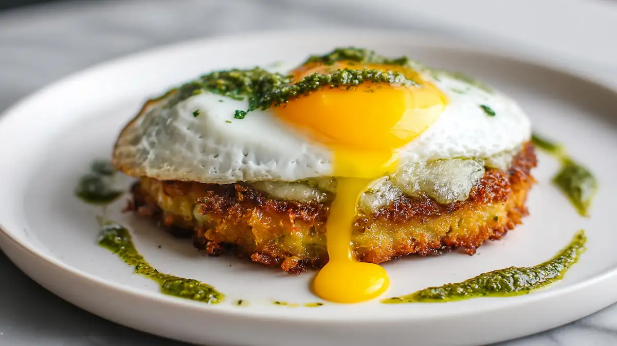 Golden pesto egg on crispy hash brown, minimalist white background, bright student breakfast.