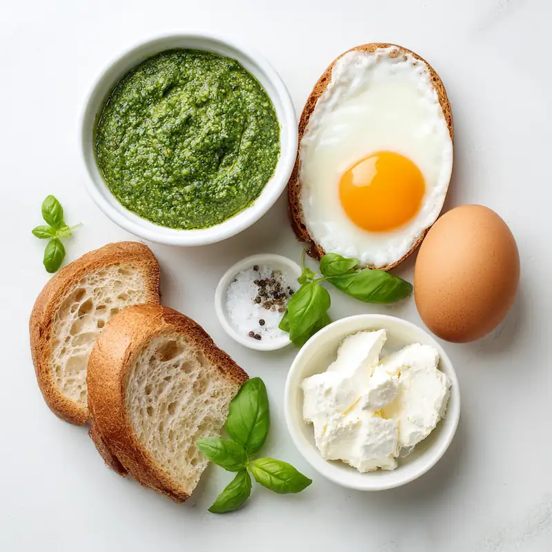 Ingredients for pesto egg toast with cream cheese on a white background.