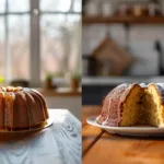 Close-up image showing the difference between a Bundt cake and a pound cake on a wooden table.