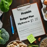 Cheap high-protein foods for college students on a dorm desk: eggs, canned tuna, tofu, oats, peanut butter with prices and protein amounts visible – protein on a budget college students