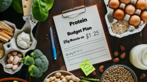 Cheap high-protein foods for college students on a dorm desk: eggs, canned tuna, tofu, oats, peanut butter with prices and protein amounts visible – protein on a budget college students
