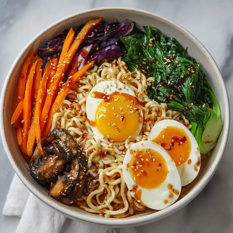 How College Students Can Eat Healthy on a Tight Budget (Without Giving Up Pizza Nights) 4 Healthy ramen bowl with egg, veggies, and sesame oil for college students.