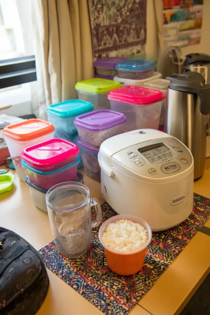 Rice cooker and containers lined up on a dorm desk