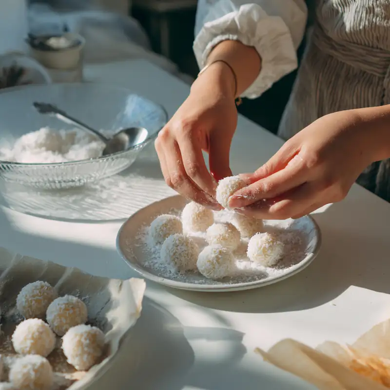 Close-up of hands rolling easy sweets milk balls in coconut on a white desk with bright natural light, showing the shaping step of the recipe.