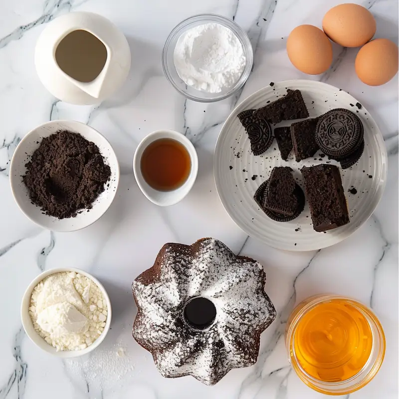Simple Oreo bundt cake ingredients laid out on a dorm kitchen counter.