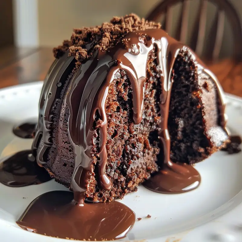 Slice of chocolate protein Bundt showing fudgy crumb and ganache drip