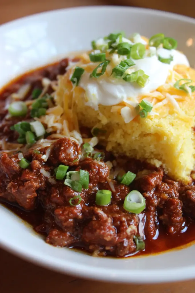 5 Cozy December Recipes Loved Across the USA (No Holiday Needed) 3 Spicy chili with cornbread topping on a white background with bright daylight.
