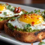 Golden spicy pesto egg toast with runny yolk, chili flakes, and avocado on a white plate.