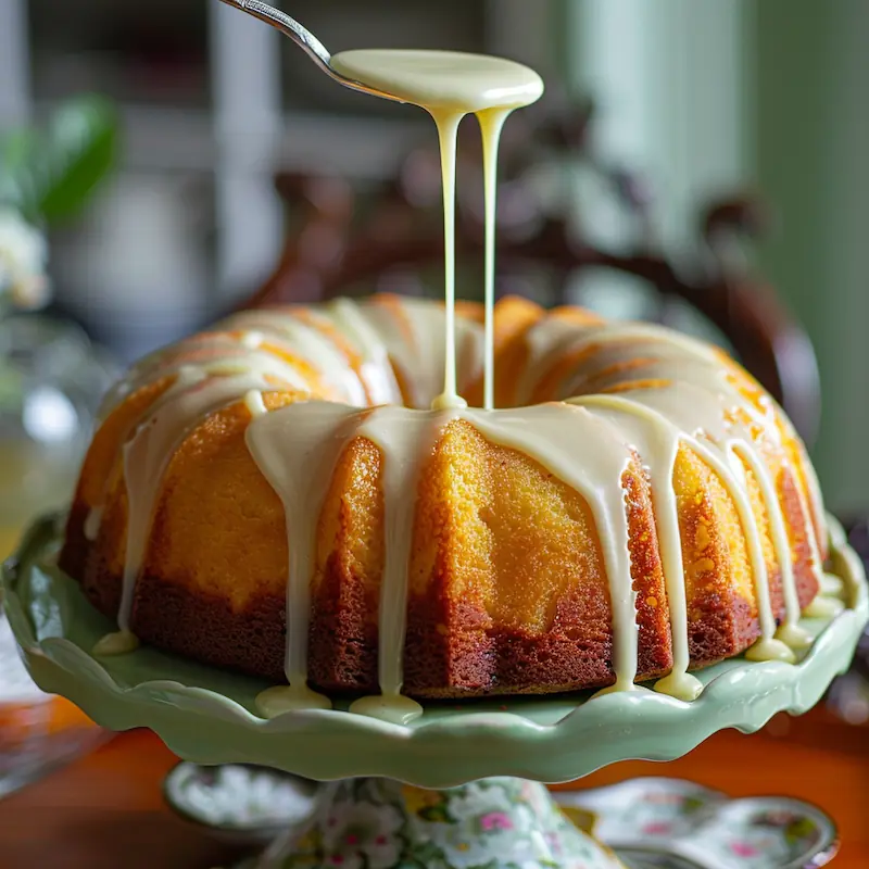 Spoon drizzling shiny lemon glaze over a cooled Bundt cake