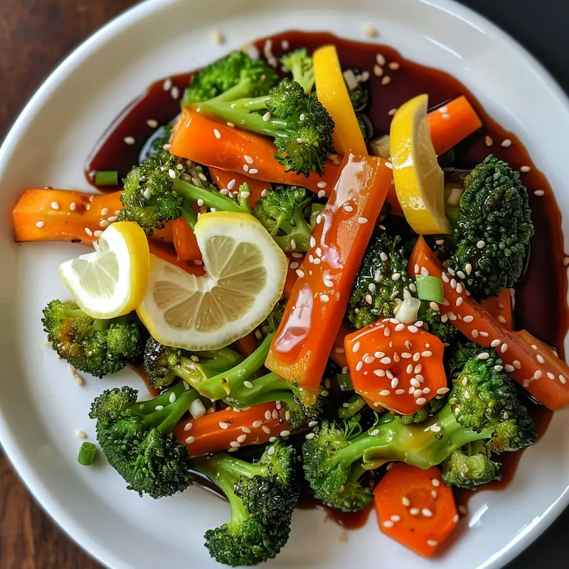 Steamed vegetables topped with sesame seeds, soy sauce, and a squeeze of lemon.