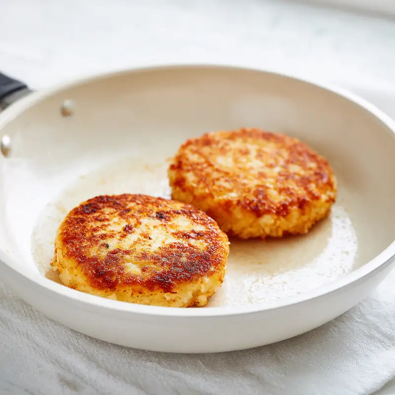 Golden hash browns cooking in a white pan, bright light background, crispy breakfast base.