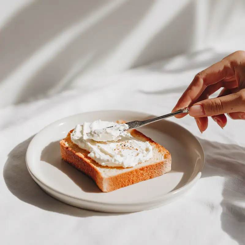 Spreading cream cheese on toast on white desk with bright light.