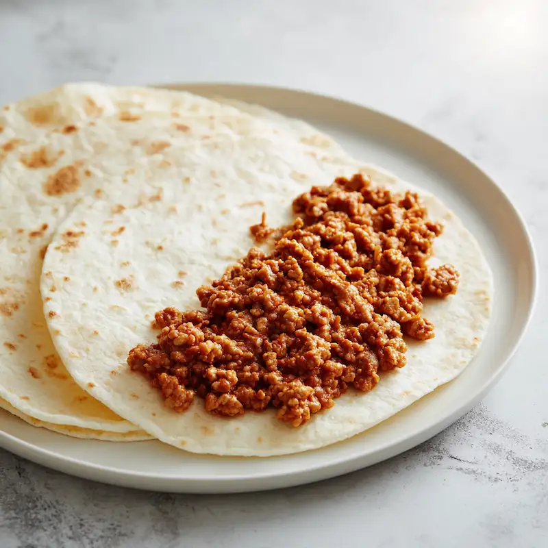 Taco Bell Mexican Pizza Recipe (Cheap, Easy & Better Than Takeout!) 5 Assembling Taco Bell Mexican Pizza by spreading refried beans and taco meat on a tortilla over a white plate.