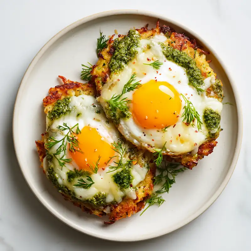 Crispy pesto egg toast on white plate, clean white surface, bright student breakfast aesthetic.