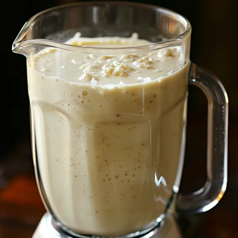 Creamy cottage cheese protein smoothie in a mason jar with banana slices and straw