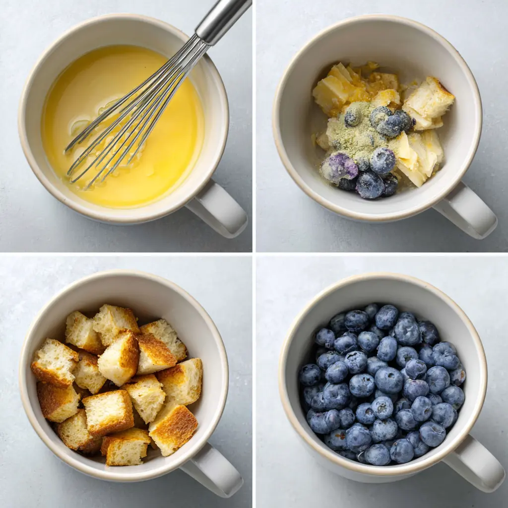 Student making microwave Blueberry French Toast Casserole step-by-step in a mug