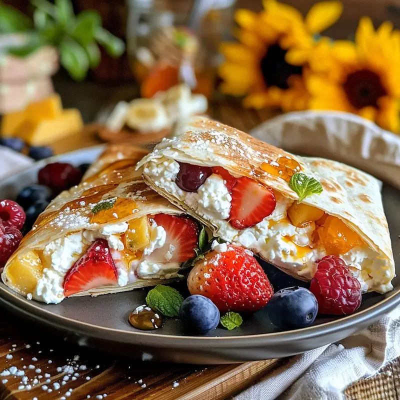 A wrap cut in half showing cottage cheese, fresh berries, and a drizzle of honey.